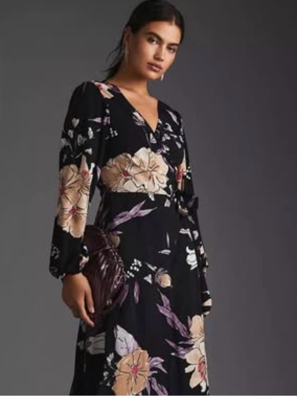 Hutch Black Floral Wrap Dress with Beige & Lavender Blooms